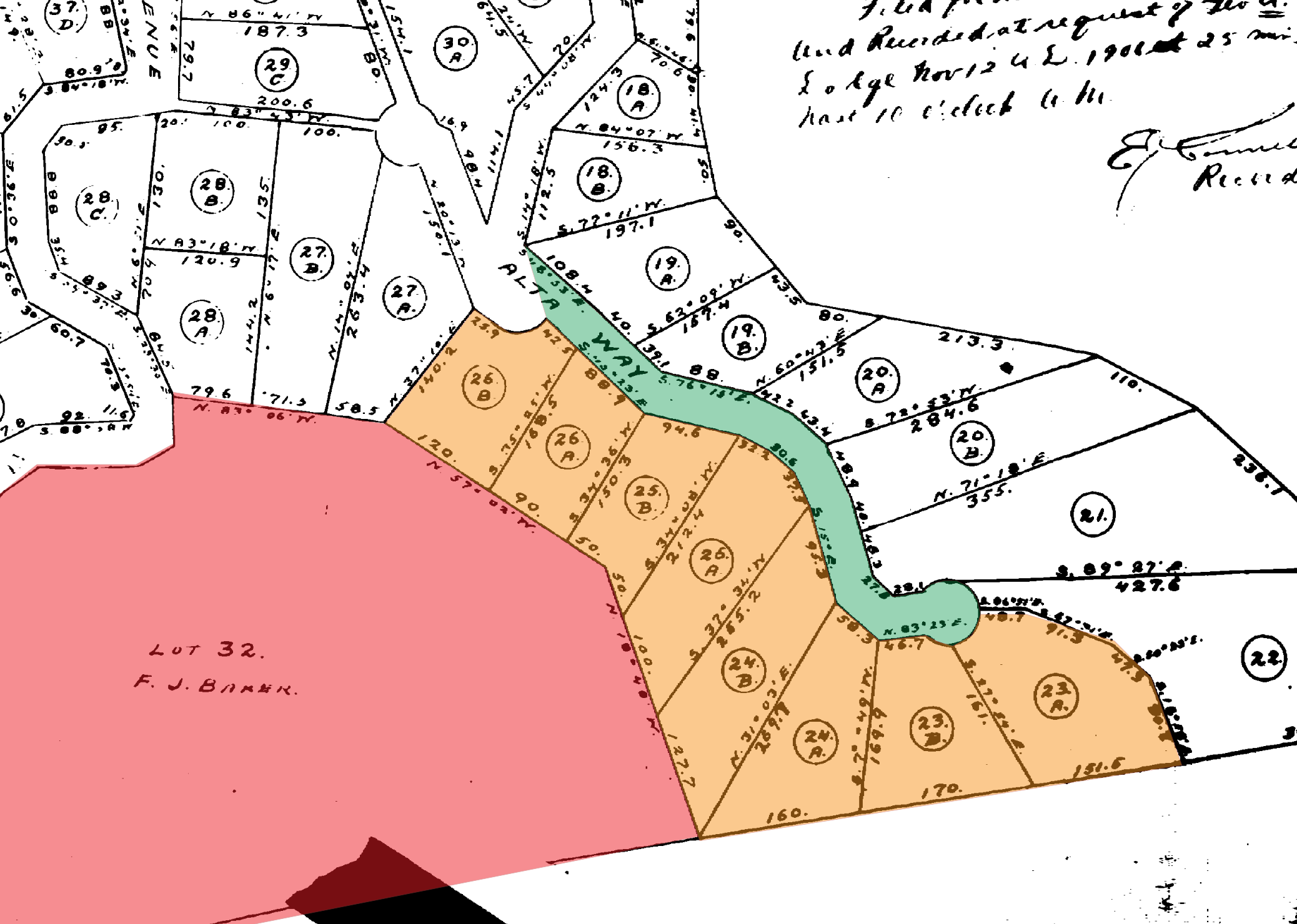 Close-up of the 1906 Chapman Park map with Alta Way aka Alta Woods highlighted in green. The parcels highlighted in orange were never developed and are part of the 800 Corte Madera Avenue property (highlighted in pink).